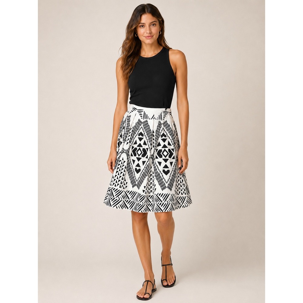 Worthington Womens Geometric Print A-Line Skirt‎ 14 Boho Chic Black White Casual
